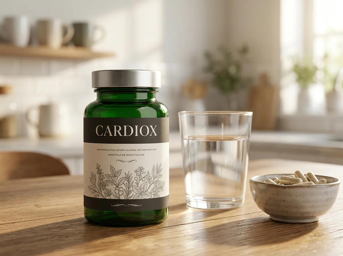 CardioX food supplement bottle beside a glass of water and fresh herbs